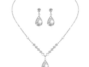 Jakawin Bride Silver Bridal Necklace Earrings Set Crystal Wedding Jewelry Set Rhinestone Choker Necklace for Women and Girls (Set of 3)