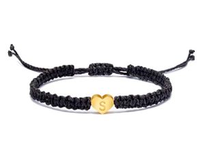 Memgift Dainty 18K Gold Initial A Letter Heart Charm Bracelets for Women Teen Girls Handmade Rope Braided Adjustable Jewelry Personalized Birthday Gifts for Women