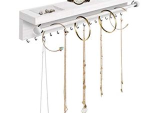 Rustic White Necklace Jewelry Organizer - Wall Mount Jewelry Holder - Mounted Hanging Jewelry Storage Hooks for Necklace