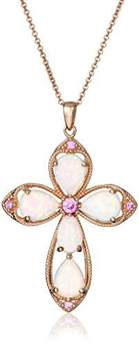 Amazon Collection 14K Rose Gold over Sterling Silver Created Opal with Created Pink Sapphire Cross Pendant Necklace Amazon Collection 14K Rose Gold over Sterling Silver Created Opal with Created Pink Sapphire Cross Pendant Necklace