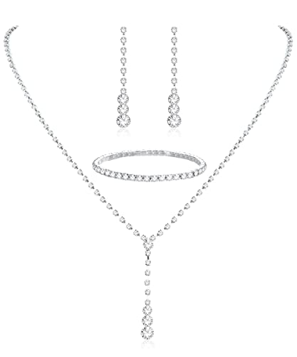 CASSIECA Silver Bridal Jewelry Set Rhinestone Necklace Bracelet Dangle Earrings for Bride Bridesmaid Teardrop Pendant Crystal Wedding Prom Jewelry Accessories for Women CASSIECA Silver Bridal Jewelry Set Rhinestone Necklace Bracelet Dangle Earrings for Bride Bridesmaid Teardrop Pendant Crystal Wedding Prom Jewelry Accessories for Women