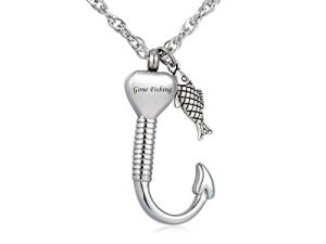 Gredstar Gone Fishing Urn Necklace for ashes Fish hook Cremation Urn Pendant Fishing in heaven Keepsake Jewelry