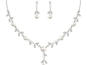 EVER FAITH CZ Crystal Cream Simulated Pearl Floral Vine Filigree Necklace Earrings Set