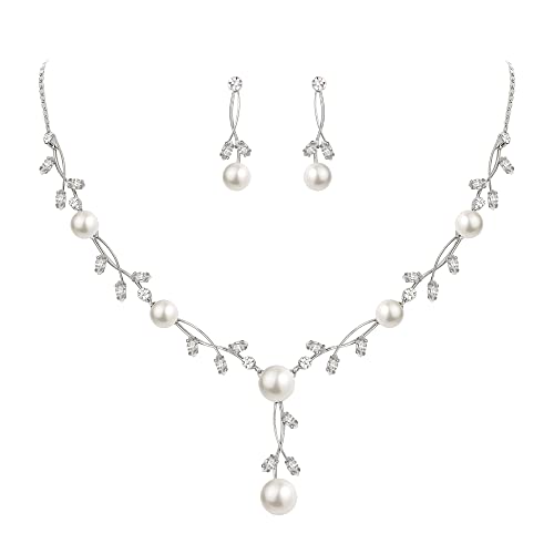 EVER FAITH CZ Crystal Cream Simulated Pearl Floral Vine Filigree Necklace Earrings Set EVER FAITH CZ Crystal Cream Simulated Pearl Floral Vine Filigree Necklace Earrings Set
