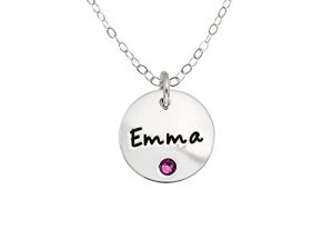 Personalized Sterling Silver Round Name Charm Necklace with Choice of Swarovski® Birthstone Setting.