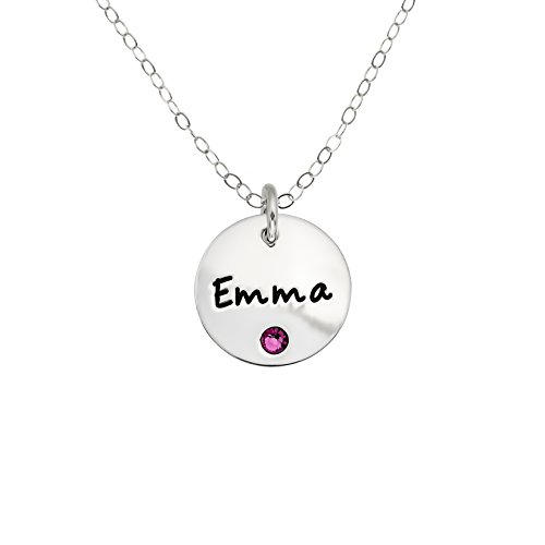 Personalized Sterling Silver Round Name Charm Necklace with Choice of Swarovski® Birthstone Setting. Personalized Sterling Silver Round Name Charm Necklace with Choice of Swarovski® Birthstone Setting.