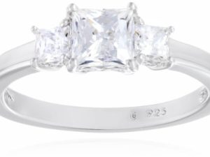 Amazon Collection Platinum or Gold Plated Sterling Silver Princess-Cut 3-Stone Ring made with Infinite Elements Zirconia