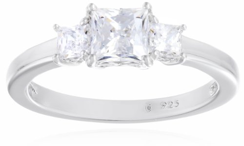 Amazon Collection Platinum or Gold Plated Sterling Silver Princess-Cut 3-Stone Ring made with Infinite Elements Zirconia Amazon Collection Platinum or Gold Plated Sterling Silver Princess-Cut 3-Stone Ring made with Infinite Elements Zirconia