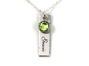 AJ's Collection Single Edge-Hammered Personalized Charm Necklace. Customize Sterling Silver Rectangular Pendant with Name and Birthstone. Includes a 925