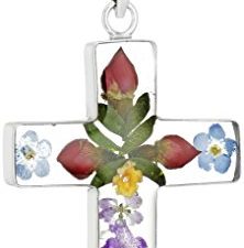 Amazon Collection 14k Gold Over Sterling Silver Pressed Flower Multi-Colored Cross Pendant Necklace