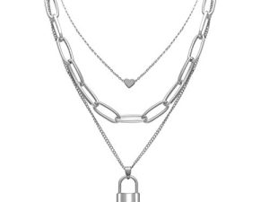 Salircon Silver Layered Necklace Aesthetic Punk Jewelry Lock and Key Thick Chain Necklaces for Women Men Teen Girls Edgy Jewelry