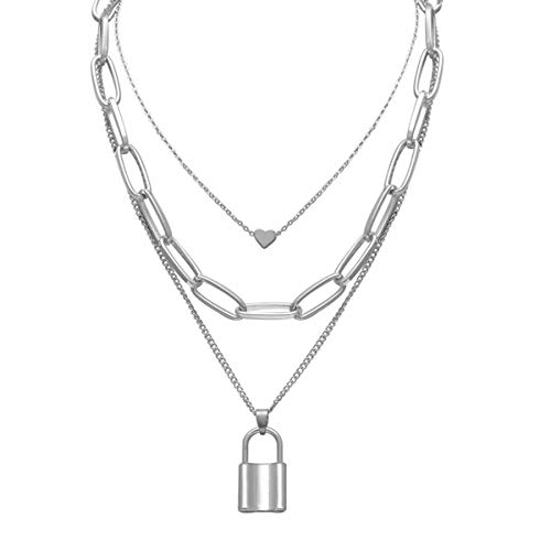 Salircon Silver Layered Necklace Aesthetic Punk Jewelry Lock and Key Thick Chain Necklaces for Women Men Teen Girls Edgy Jewelry Salircon Silver Layered Necklace Aesthetic Punk Jewelry Lock and Key Thick Chain Necklaces for Women Men Teen Girls Edgy Jewelry