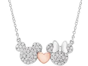 Disney Mickey and Minnie Mouse Sterling Silver Two Tone Cubic Zirconia Necklace with Pink Heart; Jewelry for Women