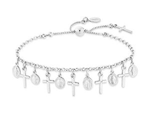 Miabella 925 Sterling Silver or 18Kt Yellow Gold Over Silver Italian Adjustable Bolo Dangle Rosary Cross Charm Chain Bracelet for Women Teen Girls Made in Italy