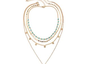 Boho Turquoise Layered Necklace Gold Coin Pendant Choker Chain Glitter bohemia Sequin Tassel Necklaces Jewelry for Women and Girls