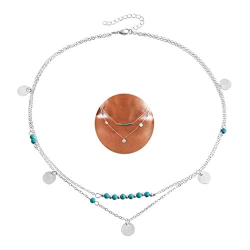 Tgirls Boho Bead Silver Turquoise Necklace Handmade Layered Pendant Necklace Sequin Turquoise Necklaces Western Necklace Jewelry for Women and Girls Tgirls Boho Bead Silver Turquoise Necklace Handmade Layered Pendant Necklace Sequin Turquoise Necklaces Western Necklace Jewelry for Women and Girls