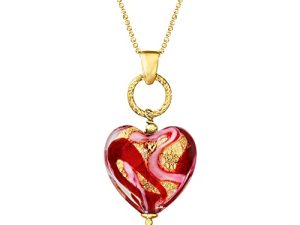 Ross-Simons Italian Red and Pink Murano Glass Heart Pendant Necklace in 18kt Gold Over Sterling. 18 inches