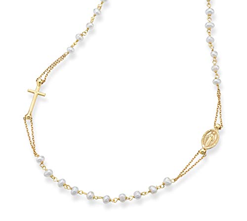 Miabella 18K Gold Over Sterling Silver Handmade Italian White Cultured Freshwater Pearl Ball Beaded Sideways Rosary Cross Necklace for Women Teen Girls Miabella 18K Gold Over Sterling Silver Handmade Italian White Cultured Freshwater Pearl Ball Beaded Sideways Rosary Cross Necklace for Women Teen Girls