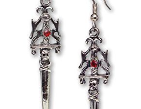 Gothic Skull Dagger Medieval Renaissance Dangle Earrings with Red Austrian Crystals