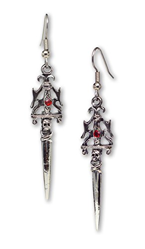 Gothic Skull Dagger Medieval Renaissance Dangle Earrings with Red Austrian Crystals Gothic Skull Dagger Medieval Renaissance Dangle Earrings with Red Austrian Crystals