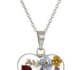 Amazon Collection Sterling Silver Pressed Flower Heart Pendant Necklace