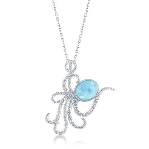 Nautical Octopus Caribbean Natural Larimar Gemstone Sterling Silver Pendant 18’’ Necklace Jewelry for Women or Teens Nautical Octopus Caribbean Natural Larimar Gemstone Sterling Silver Pendant 18’’ Necklace Jewelry for Women or Teens