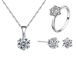 Bynetta Women 3 Pairs Jewelry Set 925 Sterling Silver Chain Necklace Earrings and Ring for Women for Party (3 Pcs White Gold)
