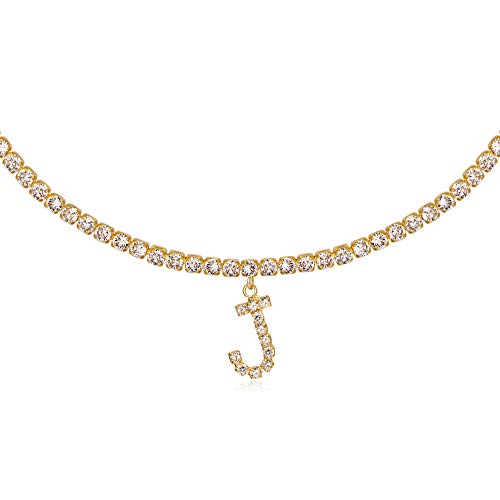 Letter Necklace 14k Gold Plated Tennis Chain Initial Choker Bling Iced CZ Diamond Necklace for Women Letter Necklace 14k Gold Plated Tennis Chain Initial Choker Bling Iced CZ Diamond Necklace for Women