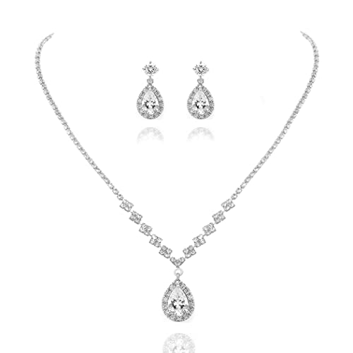 Aukmla Bride Wedding Necklace Earrings Set Silver Rhinestones Necklaces Bridal Crystal Jewelry Accessories for Women and Girls (Set of 3) Aukmla Bride Wedding Necklace Earrings Set Silver Rhinestones Necklaces Bridal Crystal Jewelry Accessories for Women and Girls (Set of 3)