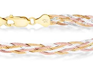 MiaBella Tri-Color 18K Gold Over 925 Sterling Silver Italian 6-Strand 7mm Braided Herringbone Chain Bracelet for Women Teen Girls