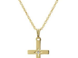 Amazon Collection 14k Yellow Gold Solid Diamond-Accented Cross Pendant Necklace