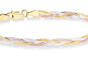 MiaBella Tri-Color 18K Gold Over Sterling Silver Italian 3-Strand 4mm Braided Herringbone Link Chain Bracelet for Women Teen Girls