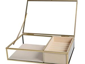 Ylu Yni Glass Jewelry Organizer Box Clear Keepsake Case with Gold Frame with Velvet Tray and Trinket Chest inside