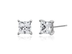 Amazon Collection Platinum or Gold-Plated Sterling Silver Infinite Elements Zirconia Princess-Cut Stud Earrings
