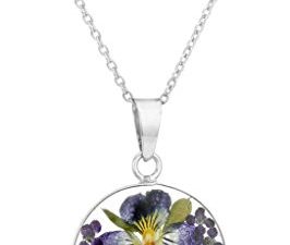 Amazon Collection Sterling Silver Pressed Flower Round Pendant Necklace