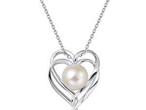 FANCIME Pearl Necklace for Women Sterling Silver 9-10mm Cultured Freshwater Pearl Pendant Double Heart Necklace Pearl Christmas Gifts Fine Jewelry for Women 16”+2