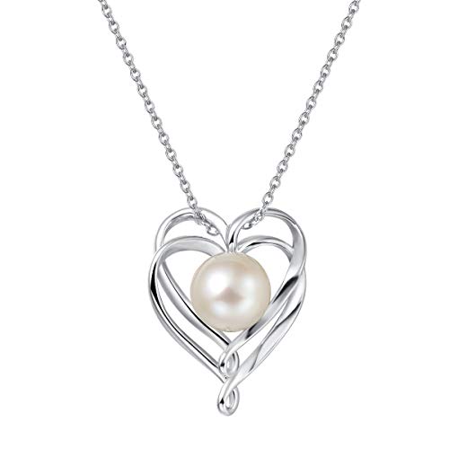 FANCIME Pearl Necklace for Women Sterling Silver 9-10mm Cultured Freshwater Pearl Pendant Double Heart Necklace Pearl Christmas Gifts Fine Jewelry for Women 16”+2 FANCIME Pearl Necklace for Women Sterling Silver 9-10mm Cultured Freshwater Pearl Pendant Double Heart Necklace Pearl Christmas Gifts Fine Jewelry for Women 16”+2