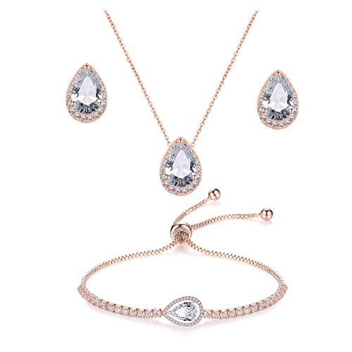 UDYLGOON CZ Teardrop Earrings Necklace Bracelet Jewelry Set For Bridesmaids Bridal Party Prom UDYLGOON CZ Teardrop Earrings Necklace Bracelet Jewelry Set For Bridesmaids Bridal Party Prom