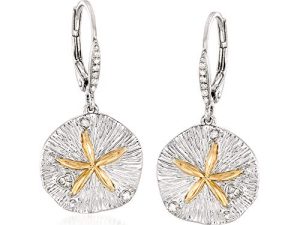 Ross-Simons Sterling Silver and 14kt Gold Sand Dollar Drop Earrings With .10 ct. t.w. Diamonds