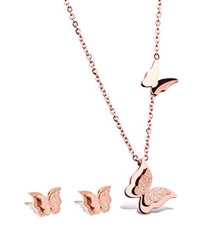 WDSHOW 18k Rose Gold Butterfly Stud Earrings Necklace Set for Women WDSHOW 18k Rose Gold Butterfly Stud Earrings Necklace Set for Women