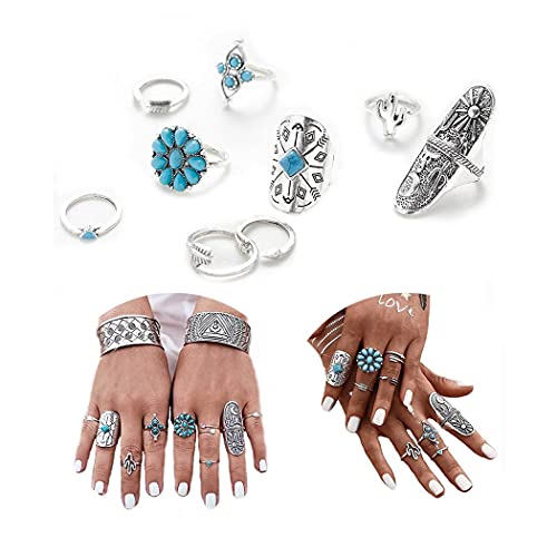 Yean Boho Ring Set Silver Statement Rings Joint Knuckle Ring Set Midi Stacking Rings for Women and Girls(Pack of 9) (Boho) Yean Boho Ring Set Silver Statement Rings Joint Knuckle Ring Set Midi Stacking Rings for Women and Girls(Pack of 9) (Boho)