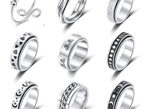 MOROYA 9PCS Stainless Steel Spinner Rings for Women Men Fidget Band Rings Moon Star Flower Stress Relieving Meditation Rings Wedding Promise Fidget Rings