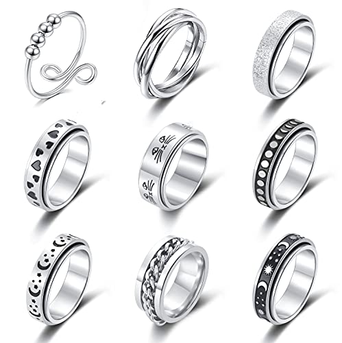 MOROYA 9PCS Stainless Steel Spinner Rings for Women Men Fidget Band Rings Moon Star Flower Stress Relieving Meditation Rings Wedding Promise Fidget Rings MOROYA 9PCS Stainless Steel Spinner Rings for Women Men Fidget Band Rings Moon Star Flower Stress Relieving Meditation Rings Wedding Promise Fidget Rings