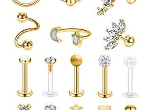 REVOLIA 16 Pcs 16G Stainless Steel Tragus Earring Cartilage Helix Single Earring Lip Rings Labret Studs Daith Rook Piercing