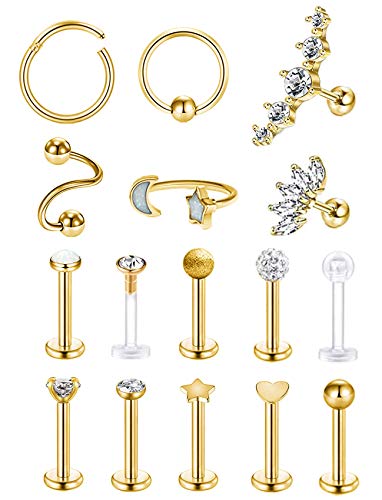 REVOLIA 16 Pcs 16G Stainless Steel Tragus Earring Cartilage Helix Single Earring Lip Rings Labret Studs Daith Rook Piercing REVOLIA 16 Pcs 16G Stainless Steel Tragus Earring Cartilage Helix Single Earring Lip Rings Labret Studs Daith Rook Piercing