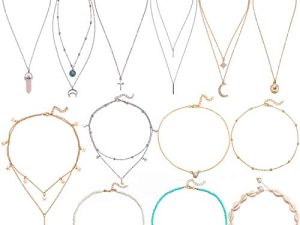 6-13 Pcs Gold Silver Layered Necklaces Jewelry for Teen Girls Women Sexy Adjustable Beaded Choker Chain Y Bar Crossing Coin Pendant Set for Christmas/Birthday/Party Gifts