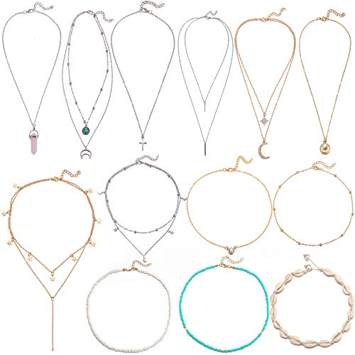 6-13 Pcs Gold Silver Layered Necklaces Jewelry for Teen Girls Women Sexy Adjustable Beaded Choker Chain Y Bar Crossing Coin Pendant Set for Christmas/Birthday/Party Gifts 6-13 Pcs Gold Silver Layered Necklaces Jewelry for Teen Girls Women Sexy Adjustable Beaded Choker Chain Y Bar Crossing Coin Pendant Set for Christmas/Birthday/Party Gifts