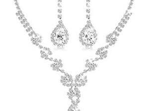 LOYALLOOK Bridal Rhinestone Teardrop Statement Necklace Bracelets and Dangle Earrings Jewerry Sets for Proms Weddings