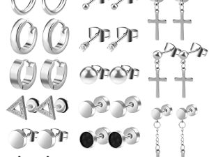ONESING 15 Pairs Black Earrings for Men Black Stud Earrings Mens Earrings Stainless Steel Earrings for Men Women Jewelry Piercing Men Earrings Set