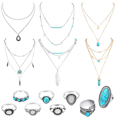 14 Pcs Western Jewelry for Women Boho Turquoise Necklace Rings Jewelry Set Bohemian Joint Knuckle Rings Set for Women 14 Pcs Western Jewelry for Women Boho Turquoise Necklace Rings Jewelry Set Bohemian Joint Knuckle Rings Set for Women